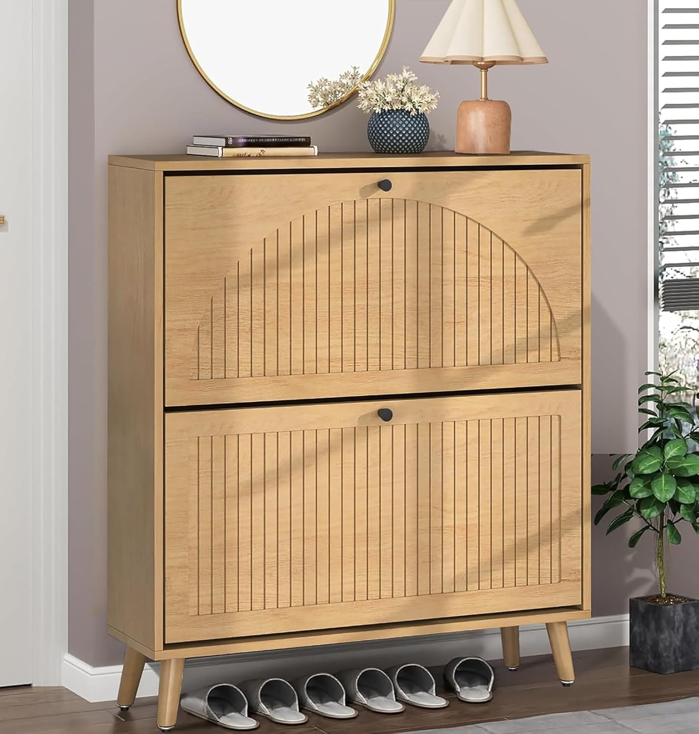 Shoe Storage Cabinet for Entryway with 2 Flip Drawers, Narrow Wood Shoe Cabinet with Fluted Panel, Freestanding Hidden Shoe Organizer for Foyer, Hallway (Walnut)