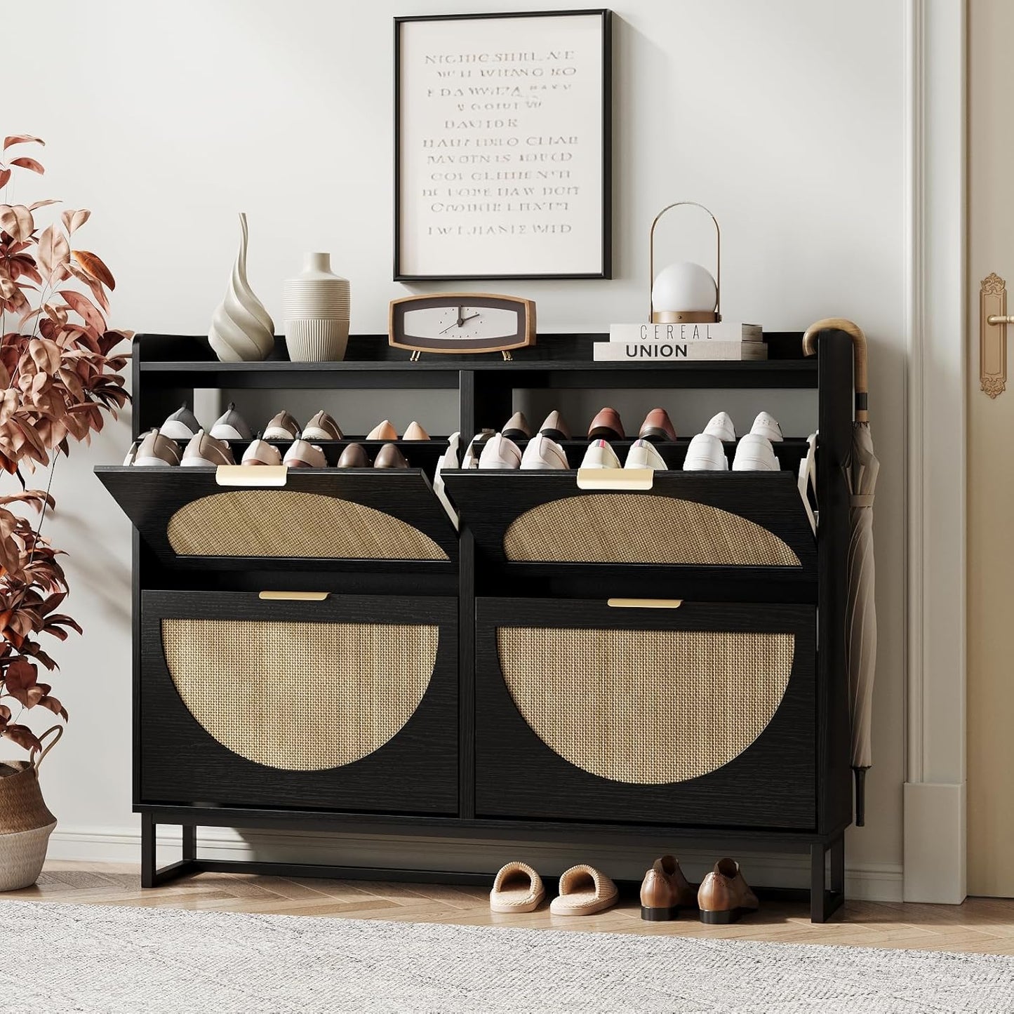Maupvit Rattan Shoe Storage Cabinet with 2 Flip Drawers, Freestanding Shoe Organizer with Metal Legs for Entryway, Hidden Golden Handles, Narrow Shoe Rack Cabinet, Rustic Oak Rattan