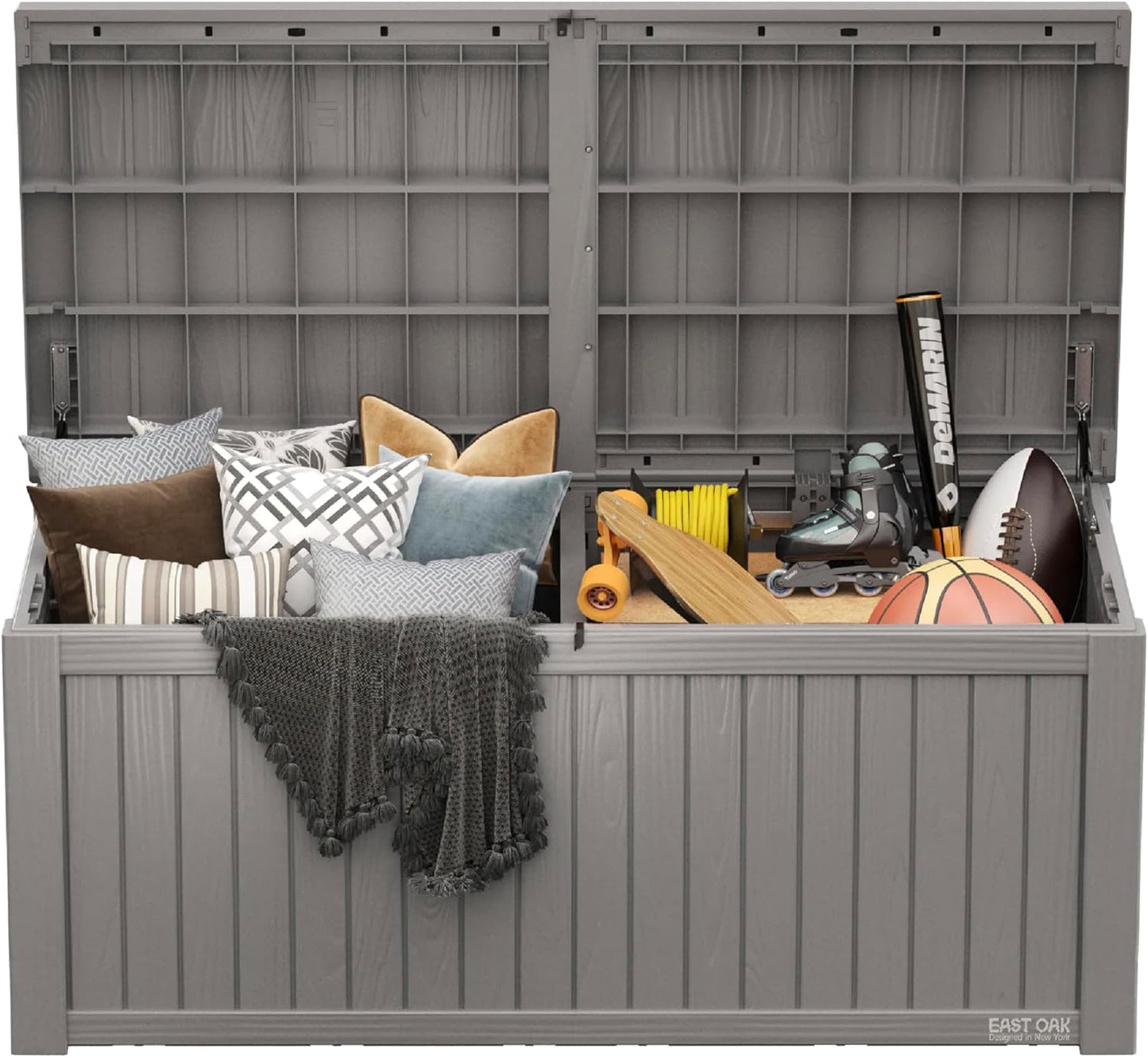 EAST OAK Outdoor Storage Box, 100 Gallon Deck Box, Waterproof Resin Storage Bench for Patio Cushions, Gardening Tools, Pool Accessories, Lockable, UV Resistant, Grey