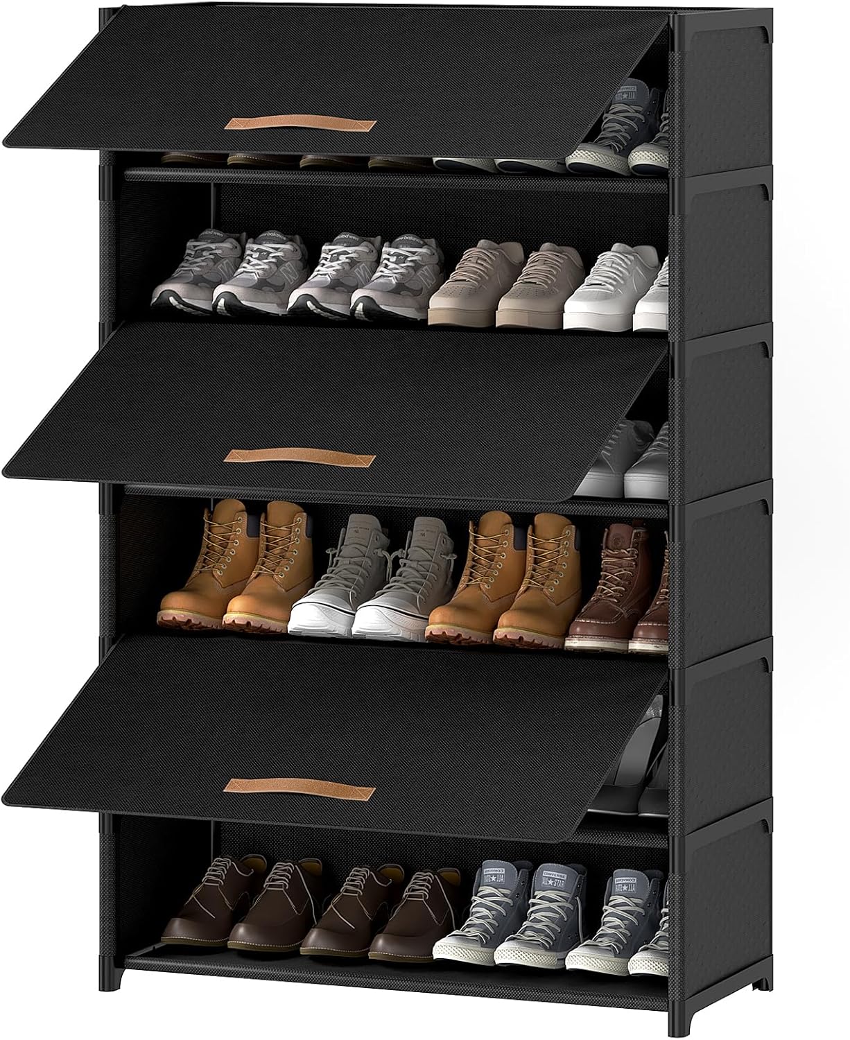 Shoe Rack, 3 Tier Shoe Storage Cabinet with Door 12 Pair Plastic Shoe Shelves Organizer for Closet, Entryway, Hallway, Bedroom, Black
