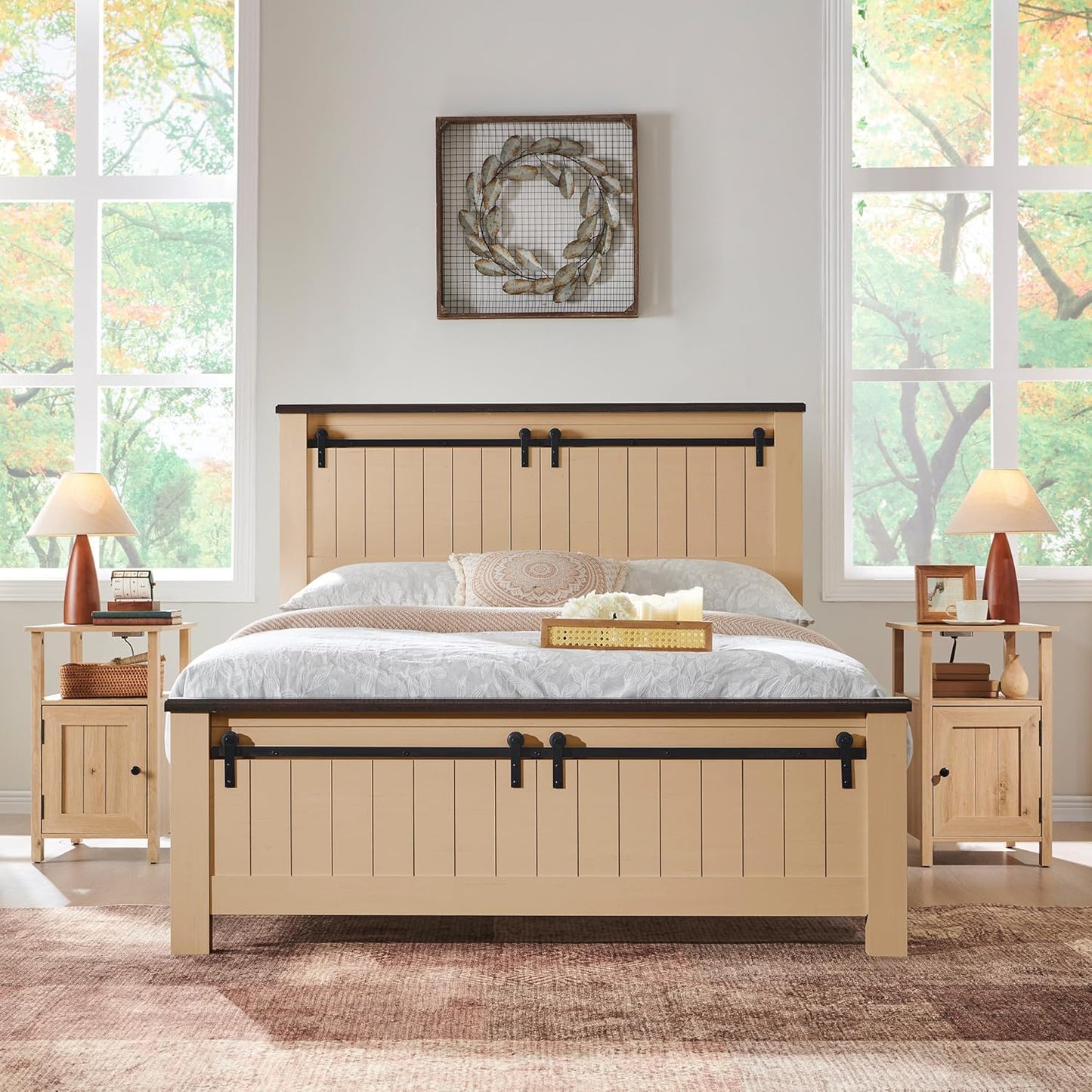 Farmhouse Nightstands Set of 2, Narrow Bedside Table with Charging Station, Night Stand Set 2 with Storage & Open Shelf, End Tables w/Groove Barn Door for Bedroom, Living Room, Natural