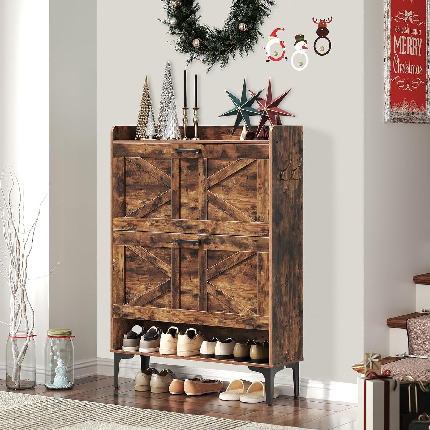 Shoe Storage Cabinet, Shoe Organizer with 2 Flip Drawers, Hidden Shoe Storage for Entryway, Freestanding Organizer with Open Storages, Rustic Brown SHHR9401N1