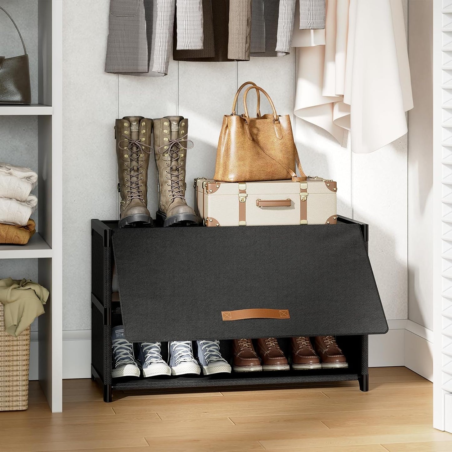 Shoe Rack, 3 Tier Shoe Storage Cabinet with Door 12 Pair Plastic Shoe Shelves Organizer for Closet, Entryway, Hallway, Bedroom, Black