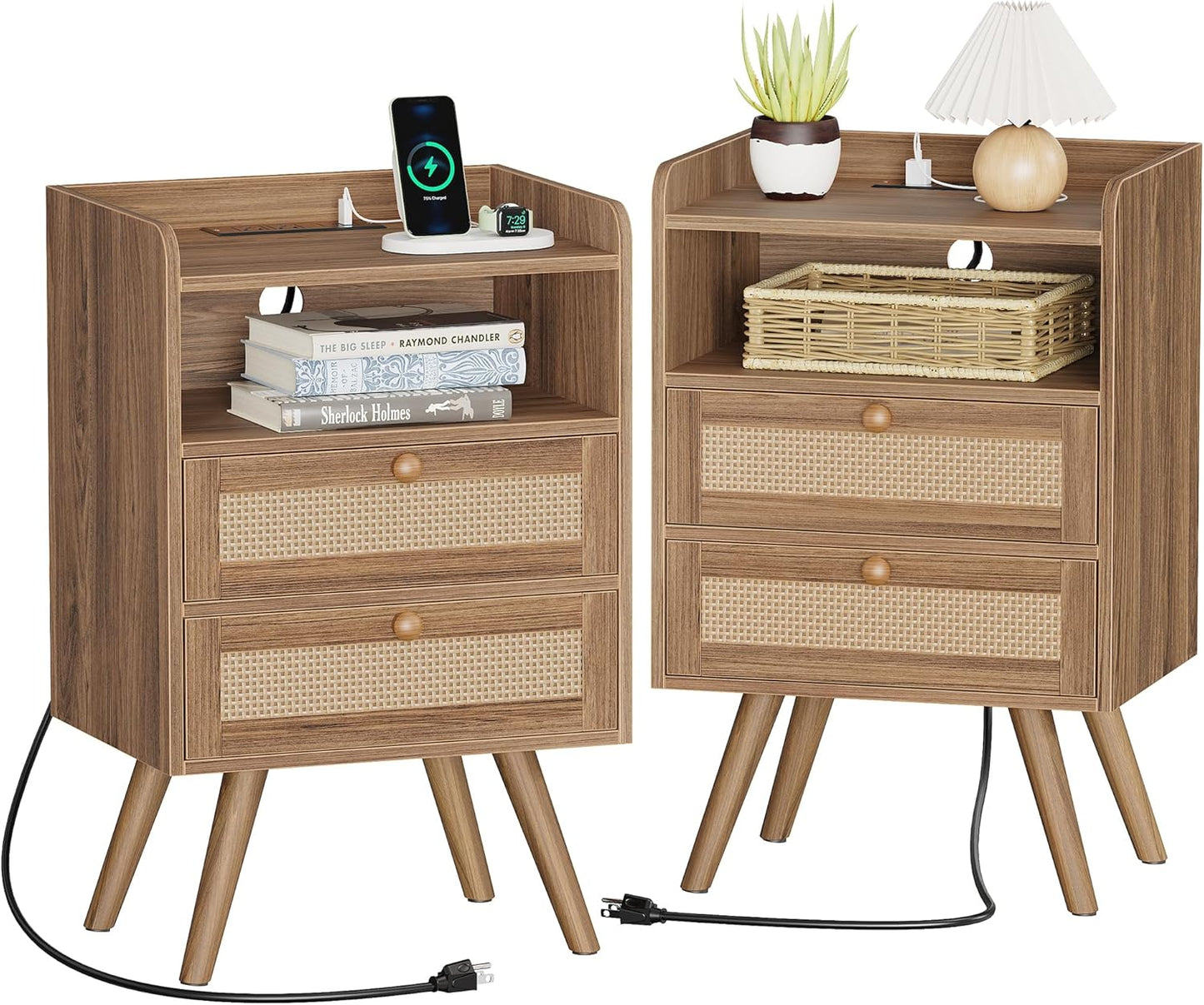 SUPERJARE Nightstands Set of 2, Night Stands with Charging Station & PE Rattan Decor Drawer, Bed Side Tables with Solid Wood Feet, End Table, for Bedroom, Living Room - Natural