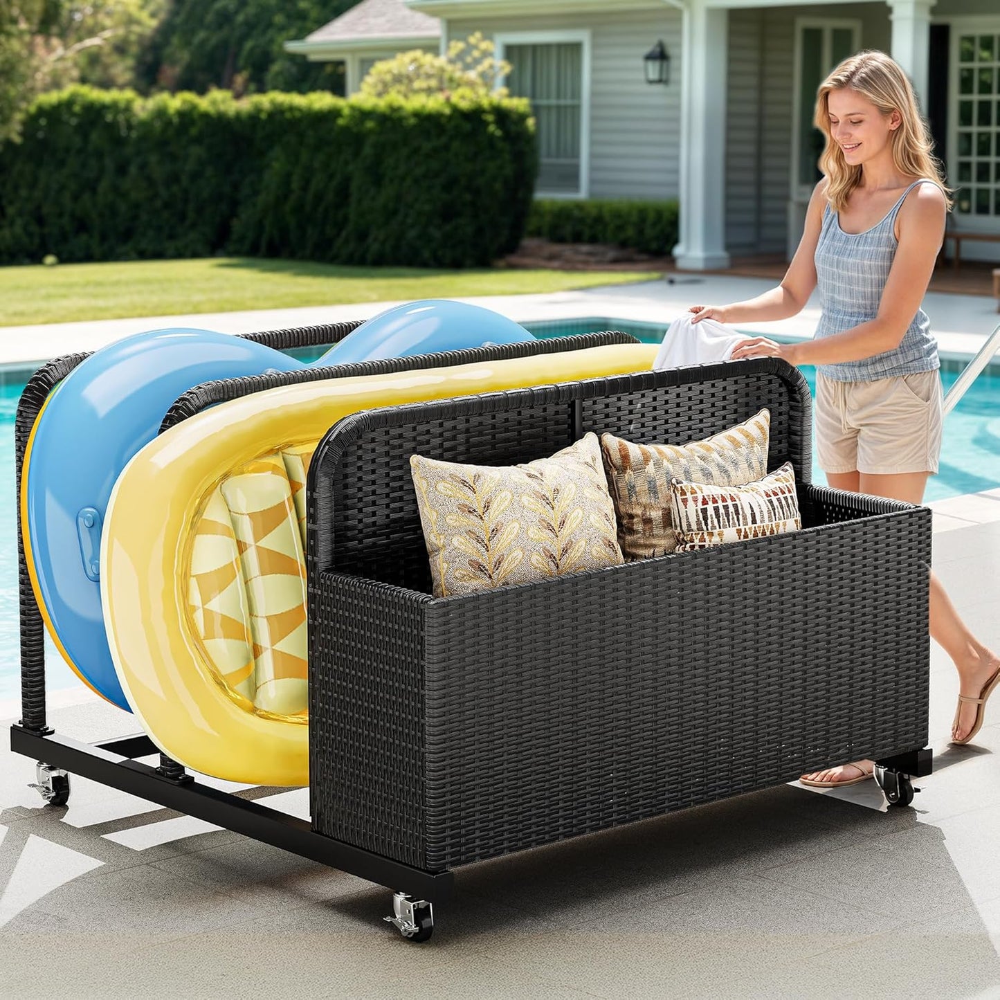 GOOBED Pool Storage, Wicker Pool Float Holder with Lockable wheels,Pool Organizer for cushions, Floaties, Noodles, Life Vests, Beach Balls, Patio Furniture (Black)