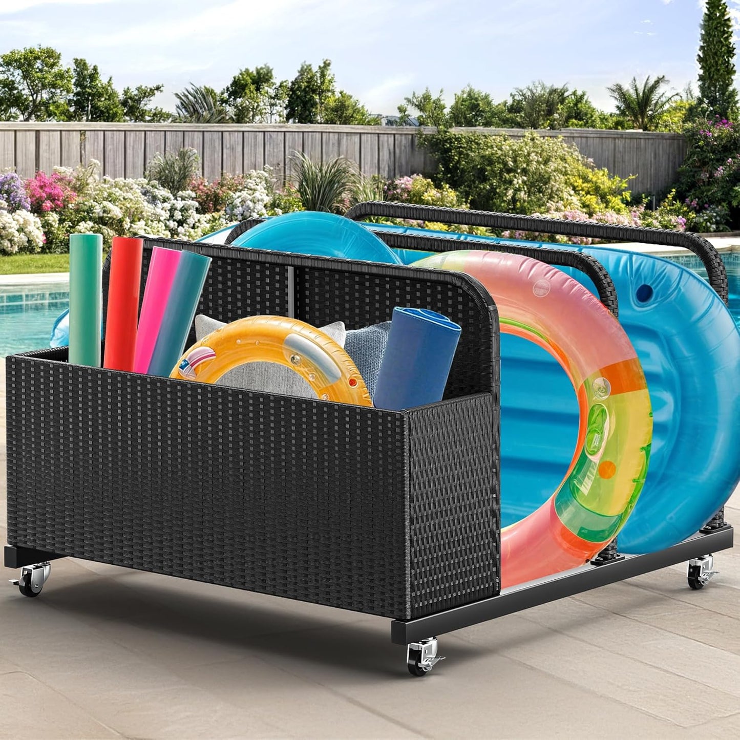 YITAHOME Pool Storage, Pool Float Holder with PE Rattan Pool Float Organizer for cushions, Floaties, Noodles, Life Vests, Beach Balls, Patio Furniture (Black)