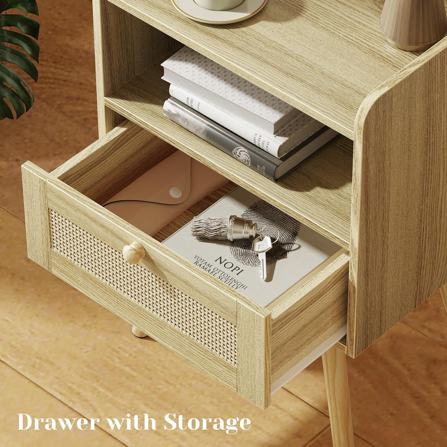 SUPERJARE Nightstands Set of 2, Night Stands with Charging Station & PE Rattan Decor Drawer, Bed Side Tables with Solid Wood Feet, End Table, for Bedroom, Living Room - Natural